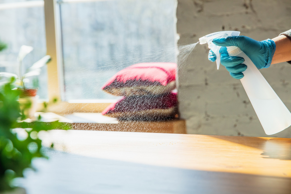 Qual a importância do uso de EPI para fazer faxina? 2 essential goods during epidemic prevention protection coronavirus covid 19 spreading hand gloves disinfecting surfaces with sanitizer home cleaning against pneumonia virus